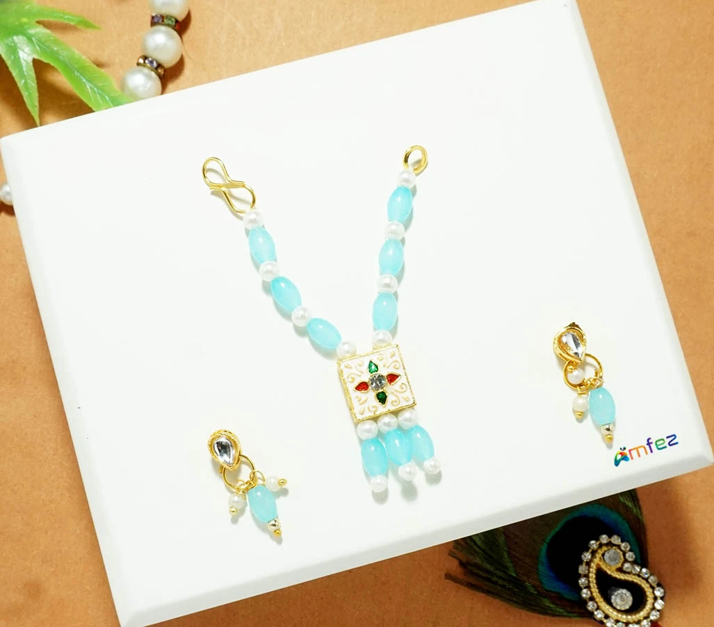 SkyBlue Stone Pearl Meena Work Necklace With Earrings (3 Inch )