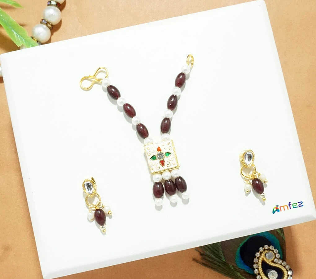 Maroon Stone Pearl Meena Work Necklace With Earrings (3 Inch )
