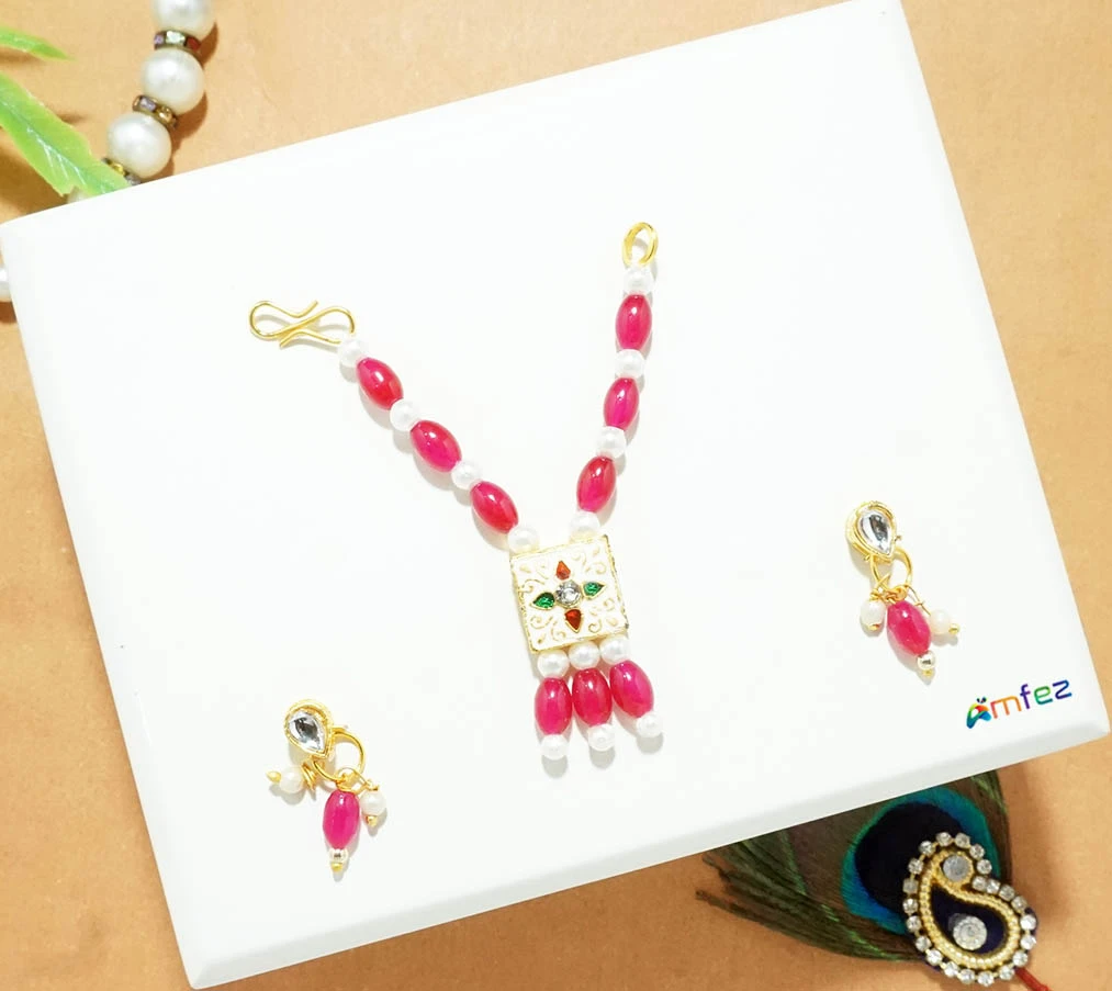 Rani Stone Pearl Meena Work Necklace With Earrings (3 Inch )