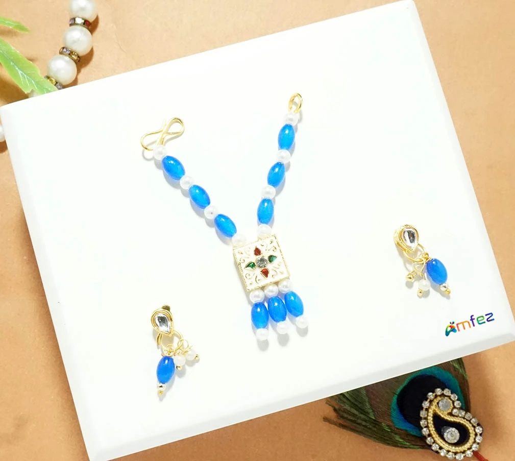 Blue Stone Pearl Meena Work Necklace With Earrings (3 Inch )