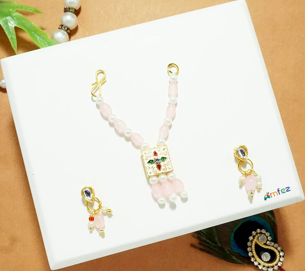Pink Stone Pearl Meena Work Necklace With Earrings (3 Inch )