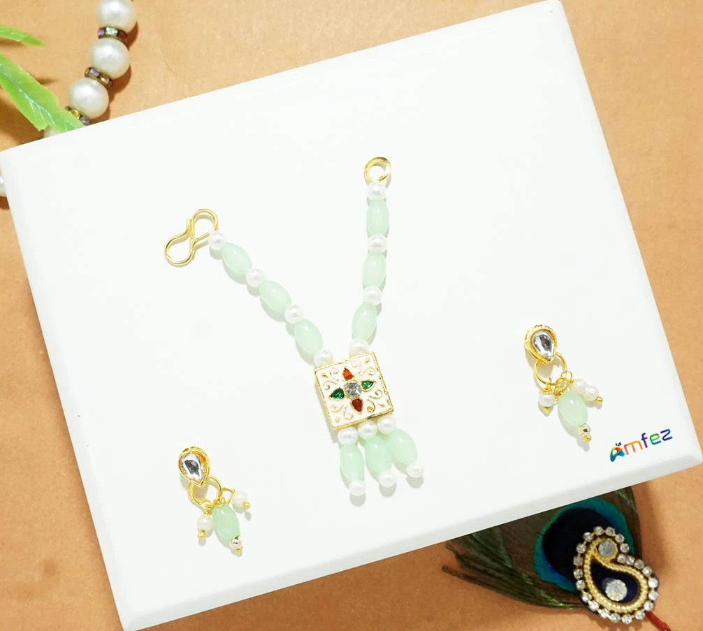Sea Green Stone Pearl Meena Work Necklace With Earrings (3 Inch )