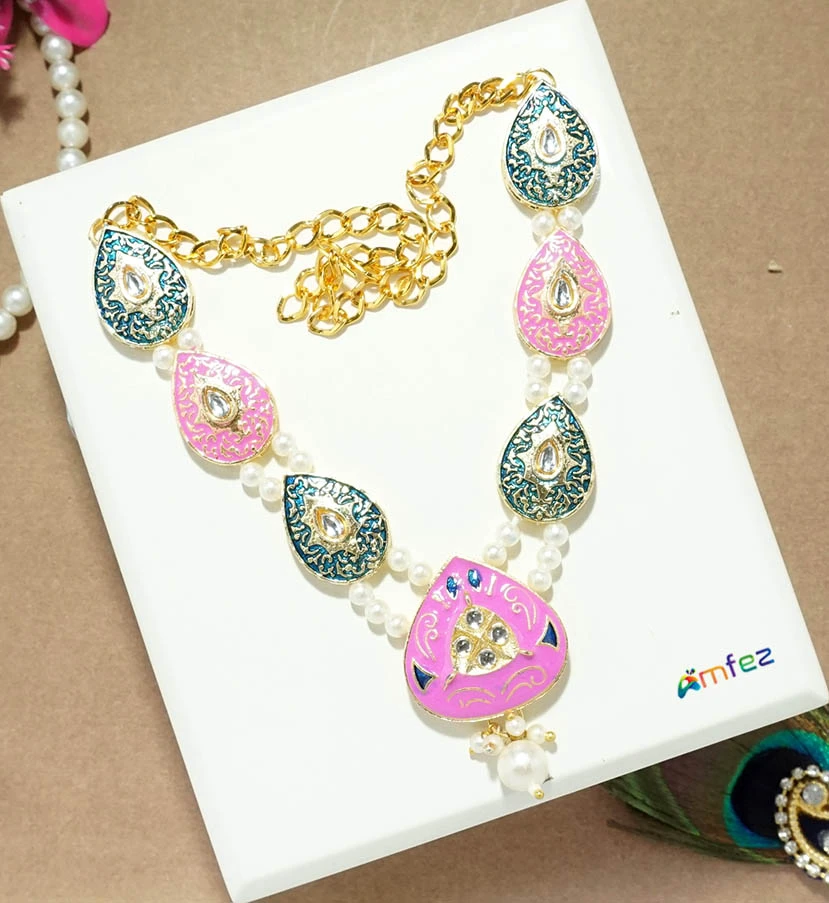 Multi Kundan Pearl Meena Work Necklace/ Mala (4 Inch )