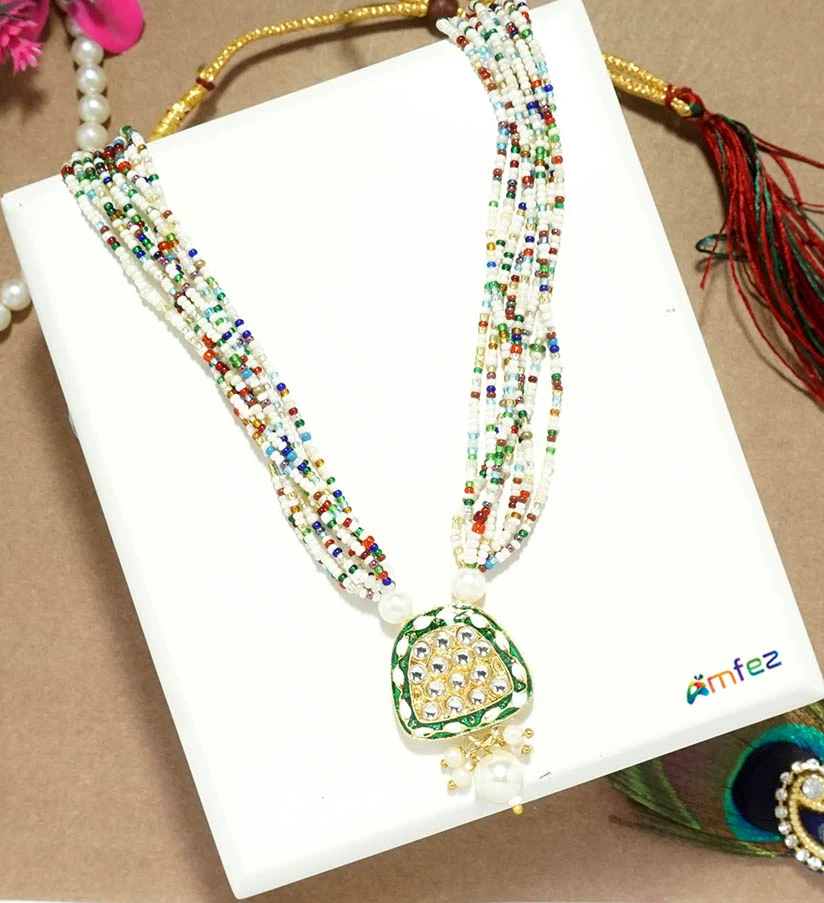 Green Kundan Multi Pearl Beads Work Necklace/ Mala (6.5 Inch )
