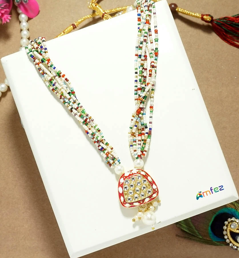 Red Kundan Multi Pearl Beads Work Necklace/ Mala (6.5 Inch )