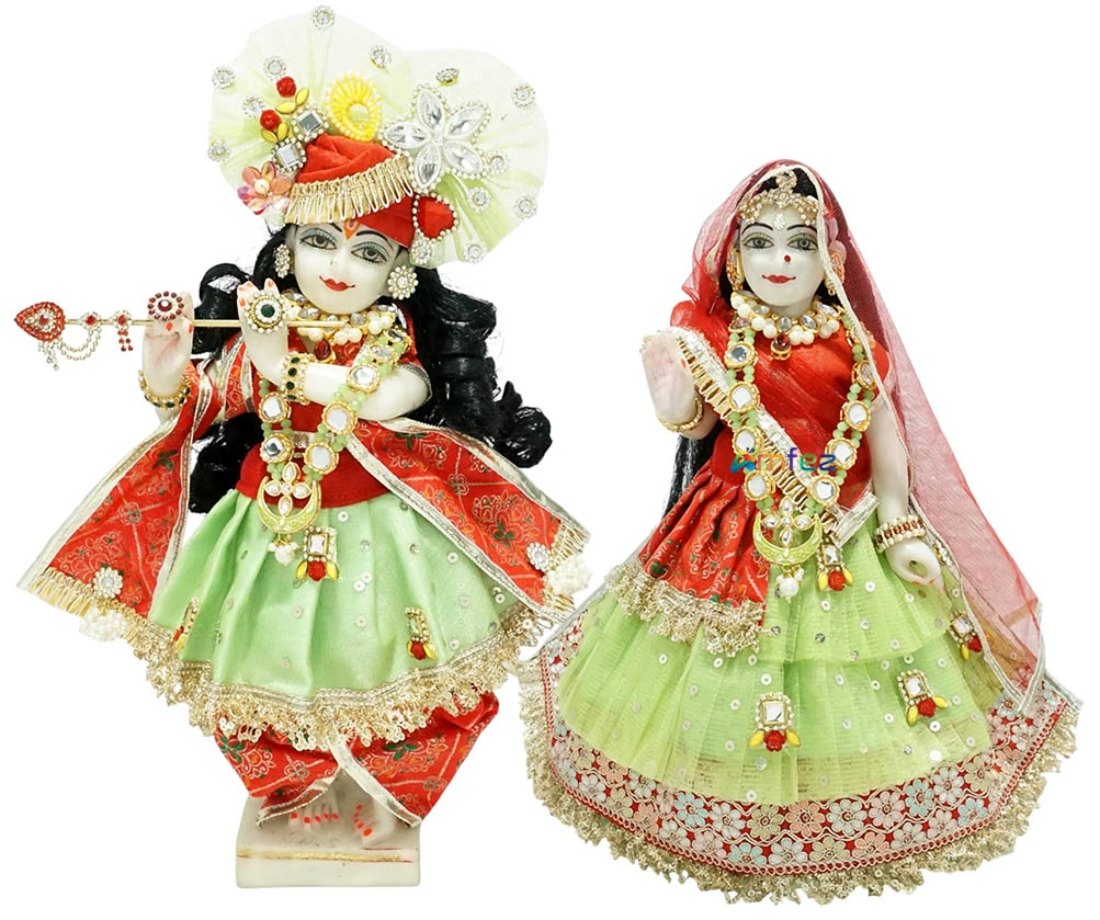 Designer Red & Green Sitara Embroidery Lace Work Radha Krishna Dress