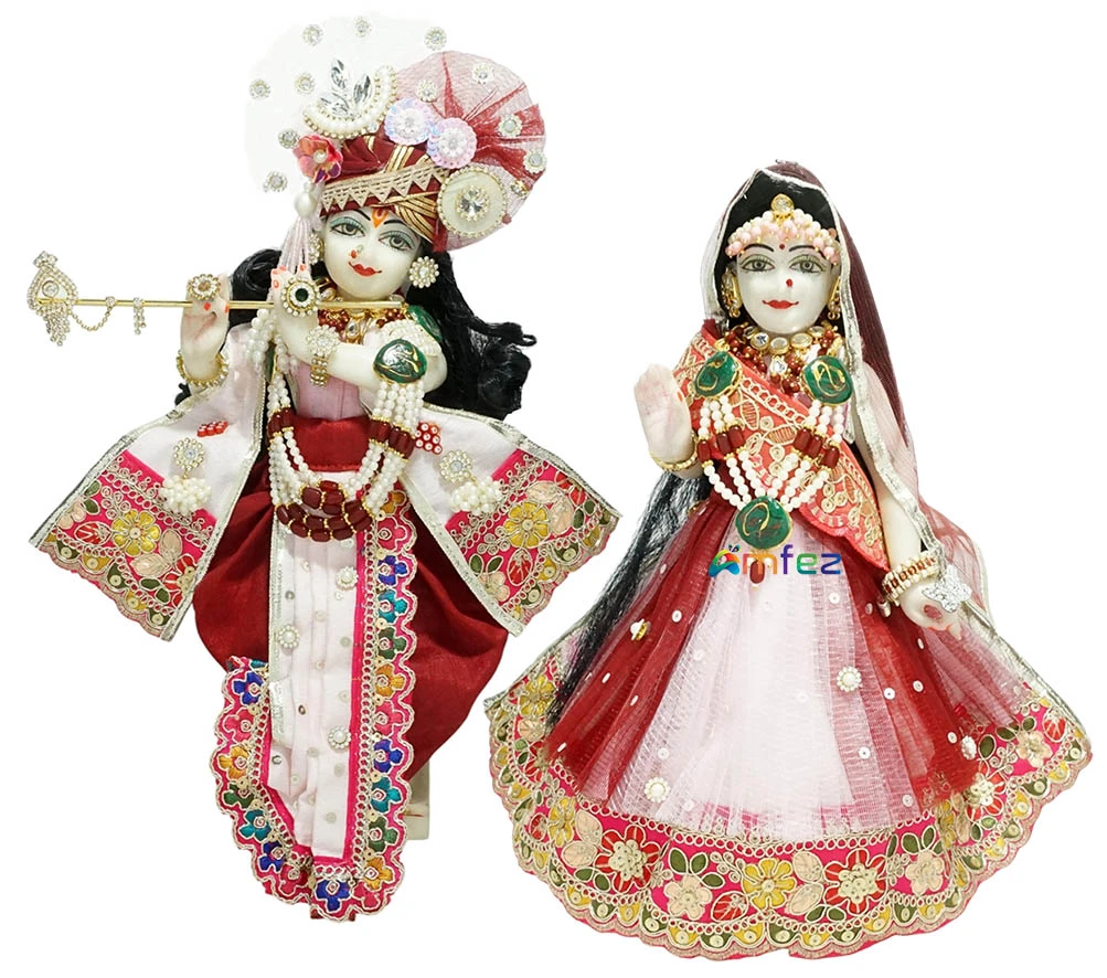 Designer Pink Maroon Embroidery Lace Work Radha Krishna Dress