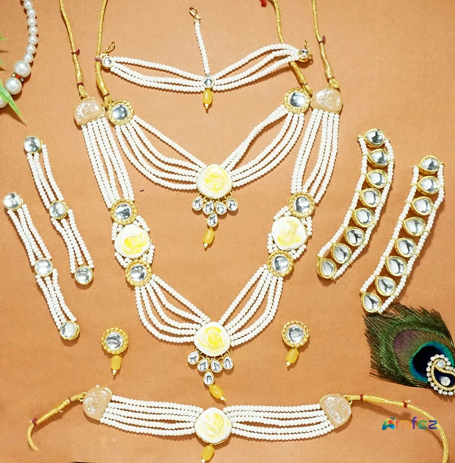 Yellow White Pearl Kundan Necklace Jewelry Set ( XXL )