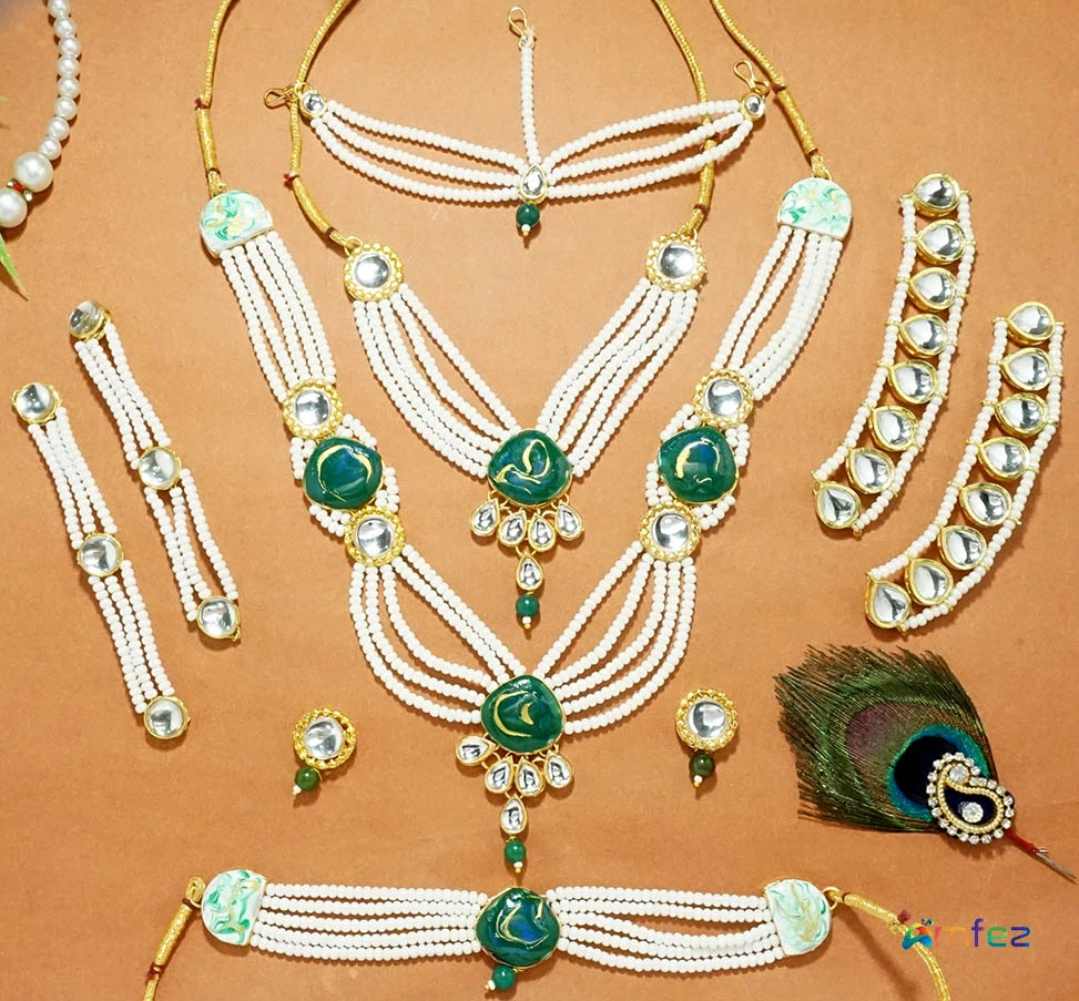 Yellow Green Pearl Kundan Necklace Jewelry Set ( XXL )