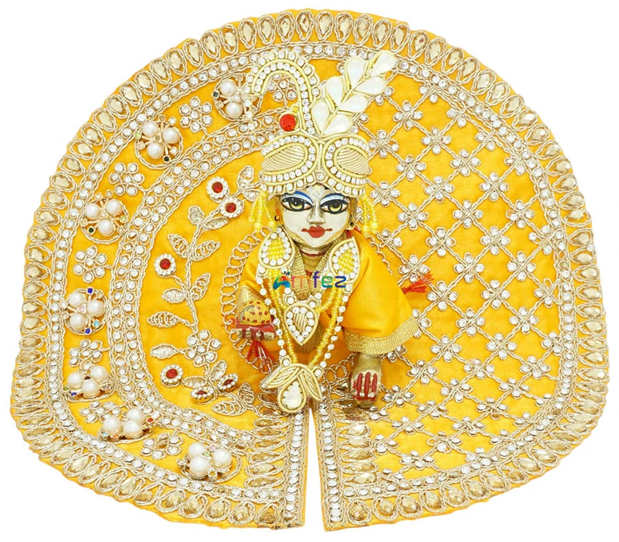 Beautiful Yellow Stone Pearl Embroidery Machine Work Laddu Gopal Dress