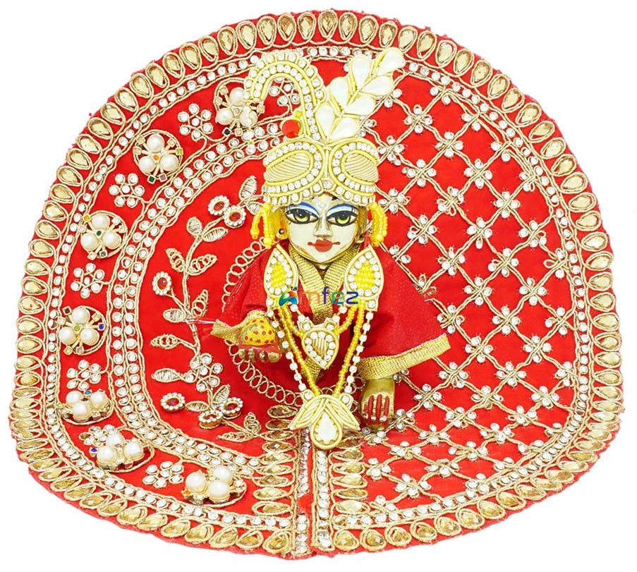 Beautiful Red Stone Pearl Embroidery Machine Work Laddu Gopal Dress