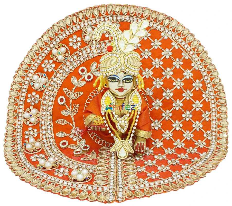 Beautiful Orange Stone Pearl Embroidery Machine Work Laddu Gopal Dress