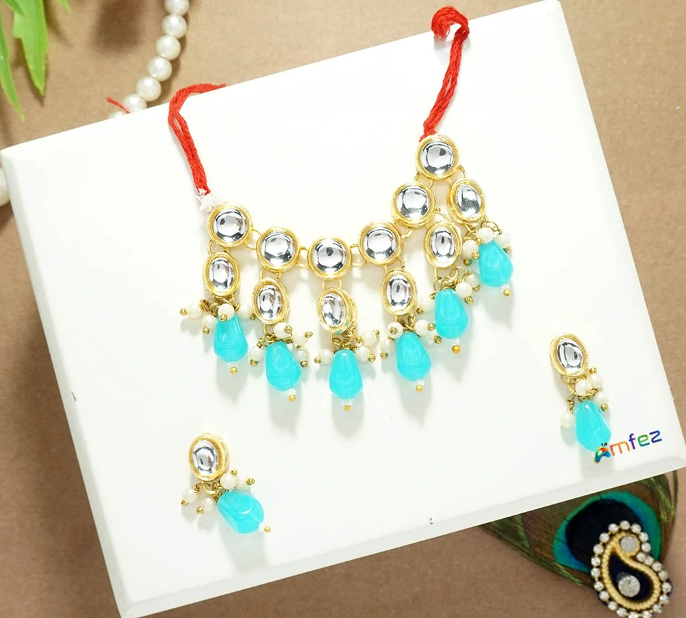 Sky Blue Heavy Kundan Pearl Beads Drop Necklace/ Mala ( XXL )