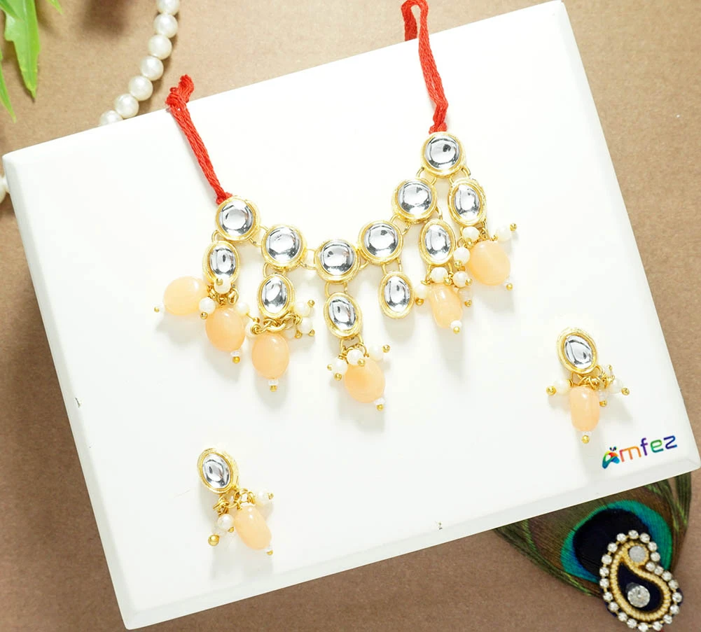 Peach Heavy Kundan Pearl Beads Drop Necklace/ Mala ( XXL )