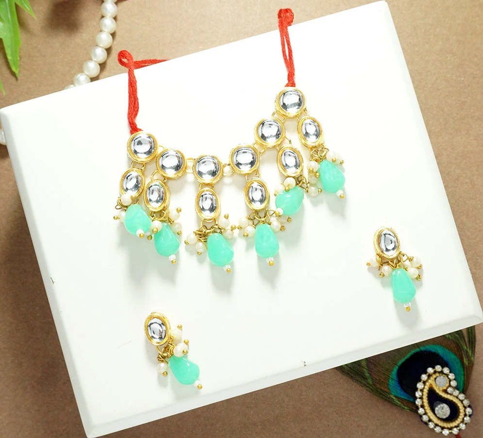 Sea Green Heavy Kundan Pearl Beads Drop Necklace/ Mala ( XXL )
