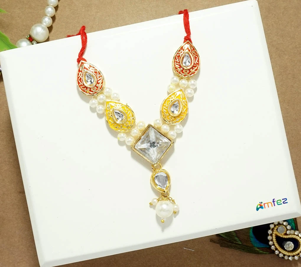 Multi Stone Kundan Pearl Beads Work Necklace/ Mala ( 3 Inch )