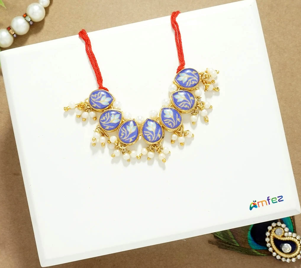 Blue Stone Pearl Beads Necklace/ Mala ( XL )