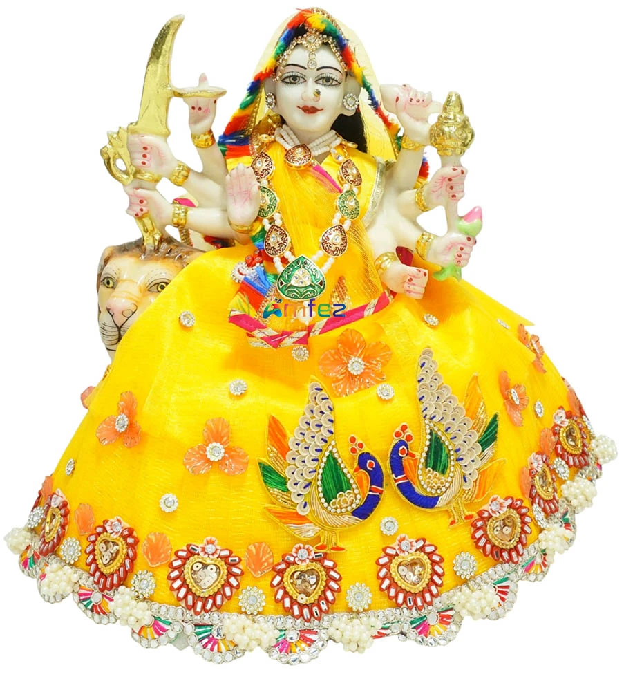 Designer Yellow heavy Stone Patch Lace Work Durga Ji Dress
