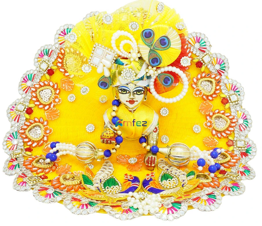 Designer Yellow heavy Stone Patch Lace Work Laddu Gopal Dress