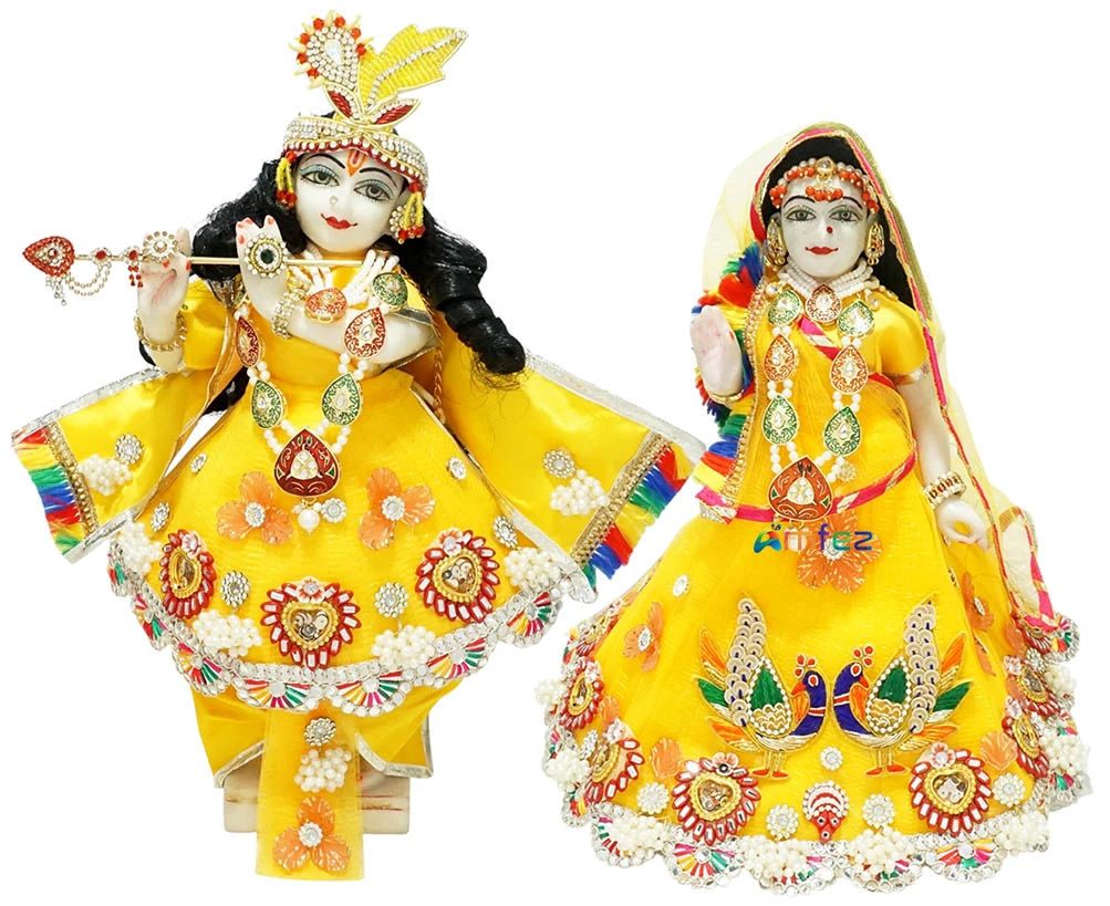 Designer Yellow heavy Stone Patch Lace Work Radha Krishna Dress
