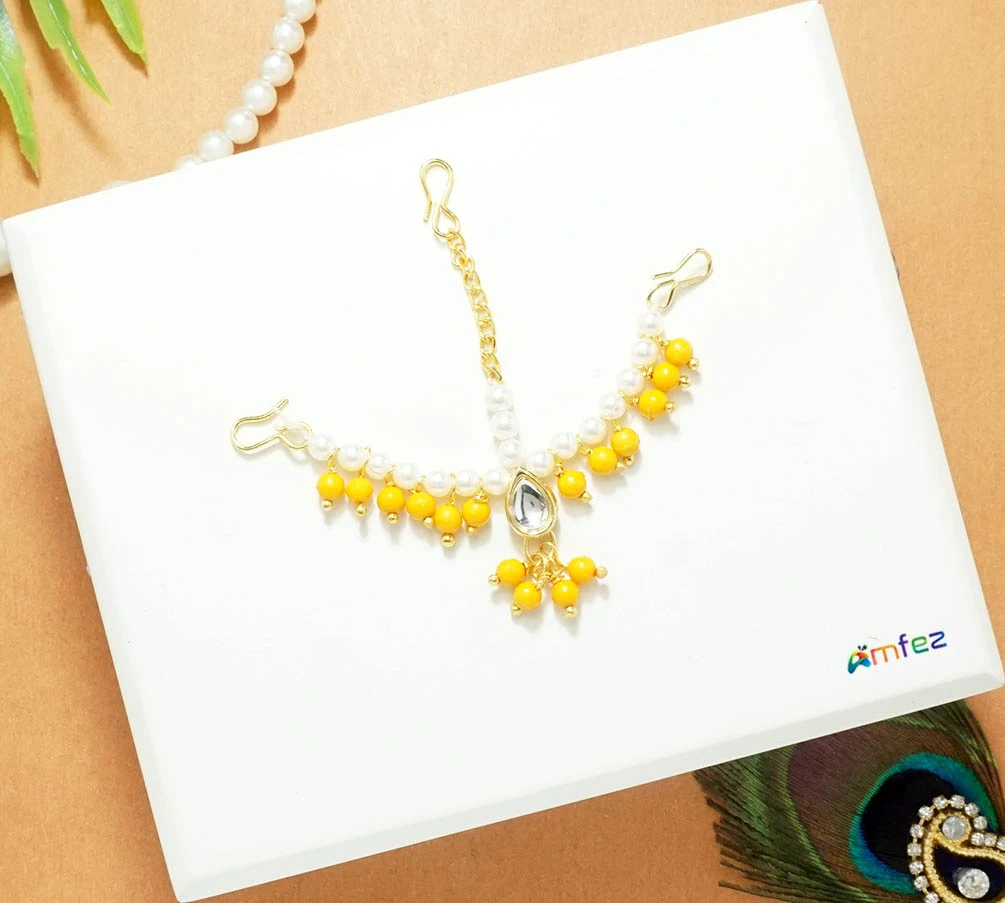 Designer Yellow Kundan Pearl Beads Chandrika ( 2.5 Inch )