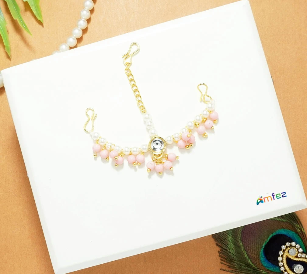 Designer Pink Kundan Pearl Beads Chandrika ( 2.5 Inch )