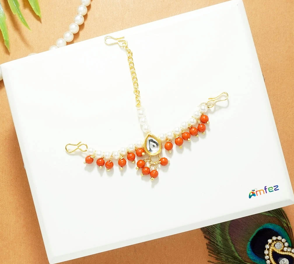 Designer Orange Kundan Pearl Beads Chandrika ( 2.5 Inch )