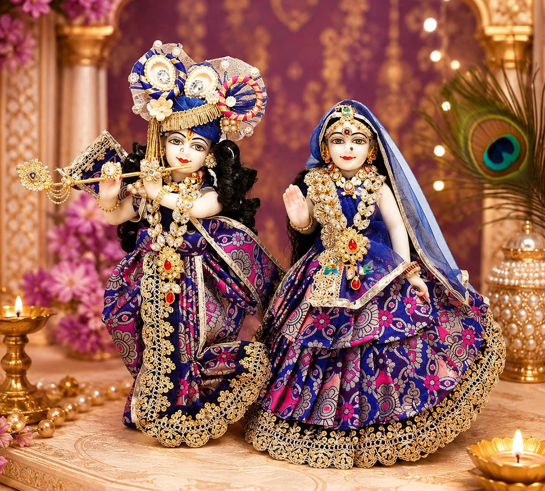 Designer Blue Embroidery Lace Work Radha Krishna Dress