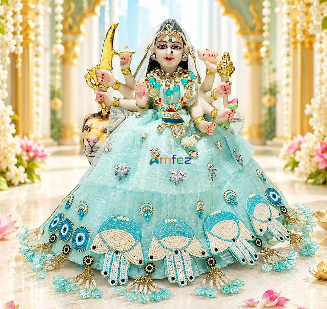 Designer Sea Green Embroidery Evil Eye Patch Work Durga Ji Dress