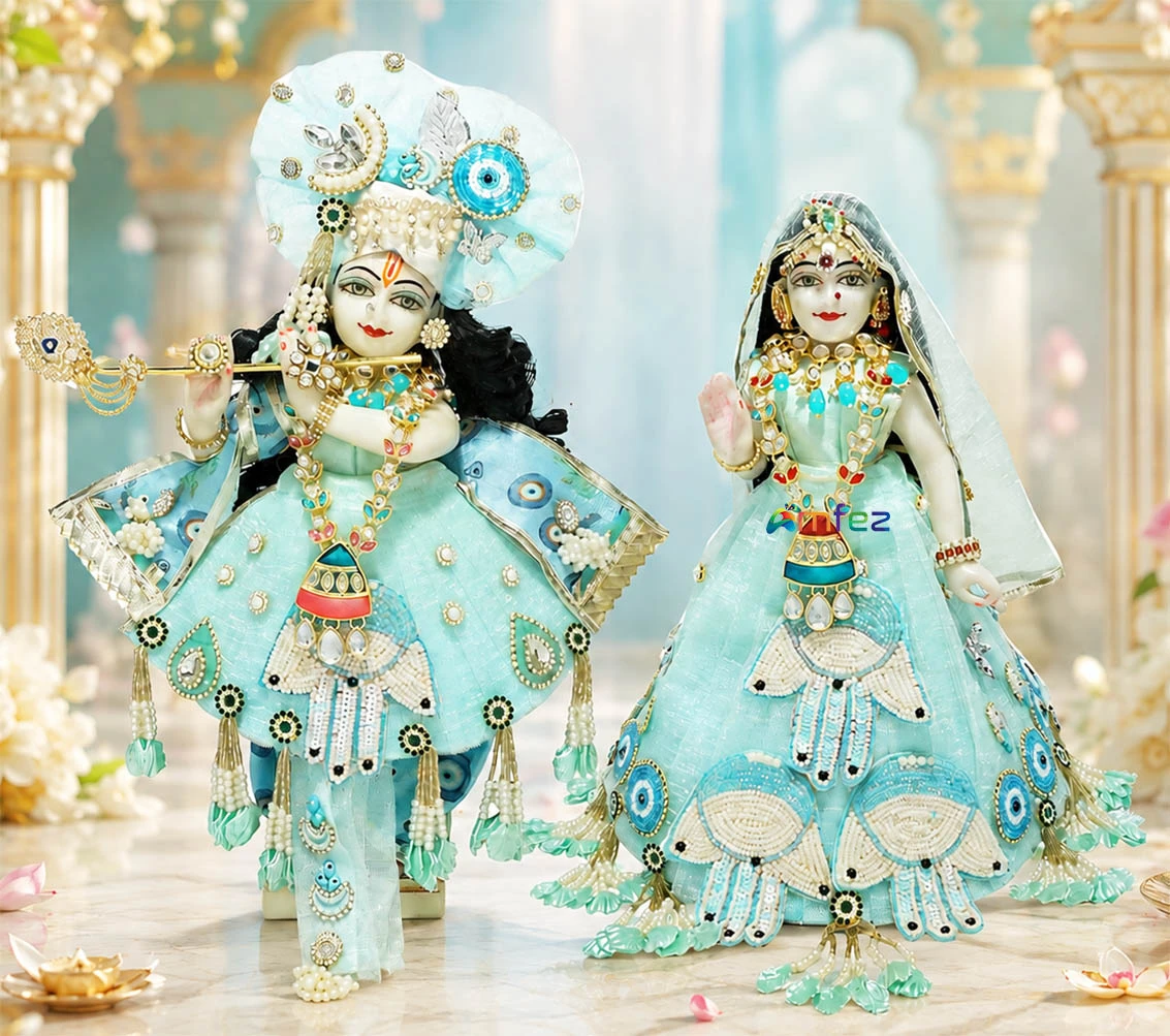 Designer Sea Green Embroidery Evil Eye Patch Work Radha Krishna Dress