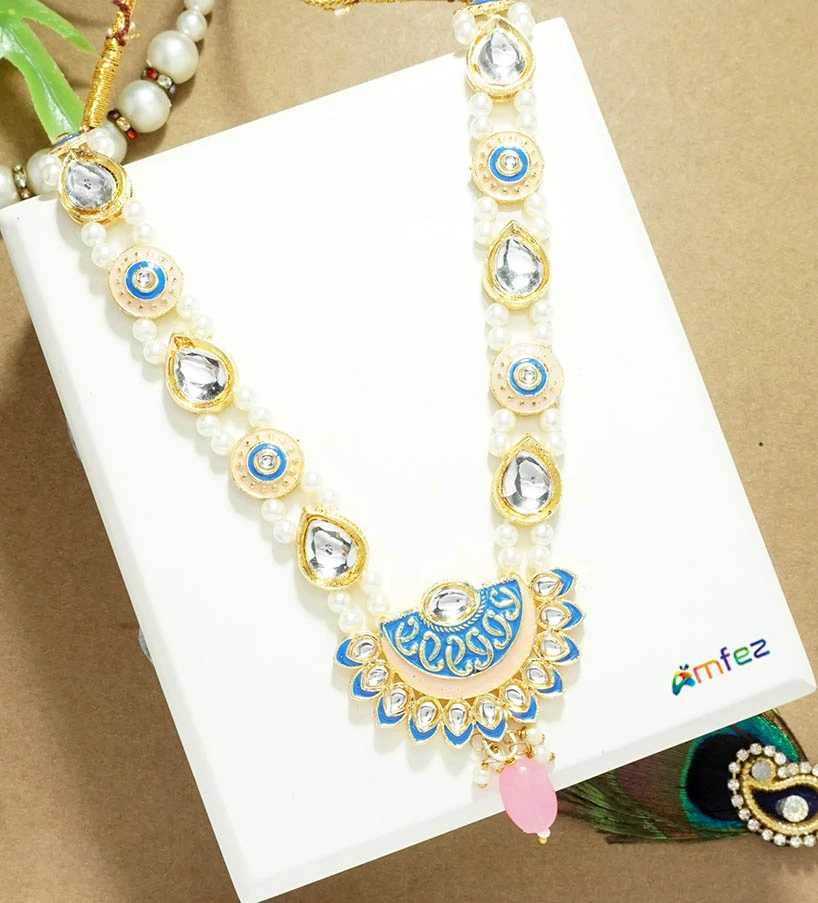 Beautiful SkyBlue Kundan Meena Pearl Beads Necklace/Mala (6 Inch )