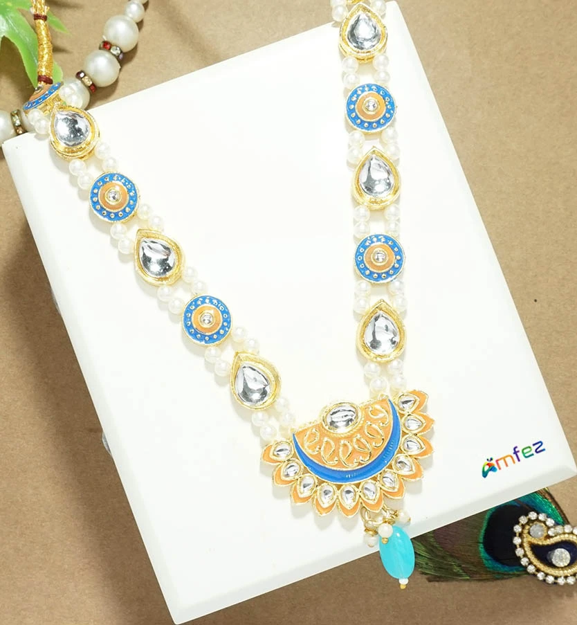 Beautiful Orange Kundan Meena Pearl Beads Necklace/Mala (6 Inch )
