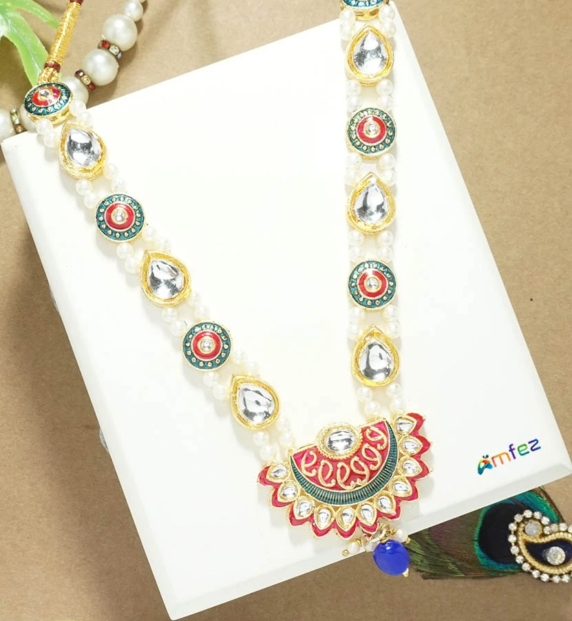 Beautiful Red Kundan Meena Pearl Beads Necklace/Mala (6 Inch )