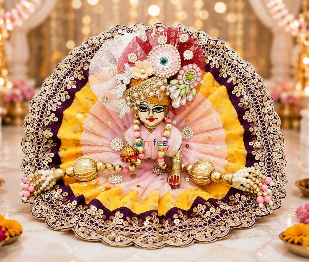 Designer Yellow Pink Embroidery Lace Work Laddu Gopal Dress
