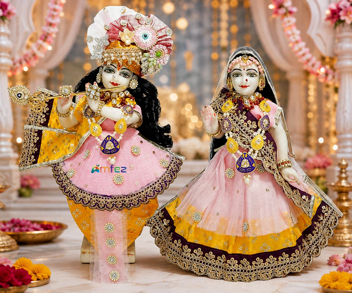Designer Pink & Yellow Embroidery Lace Work Radha Krishna Dress