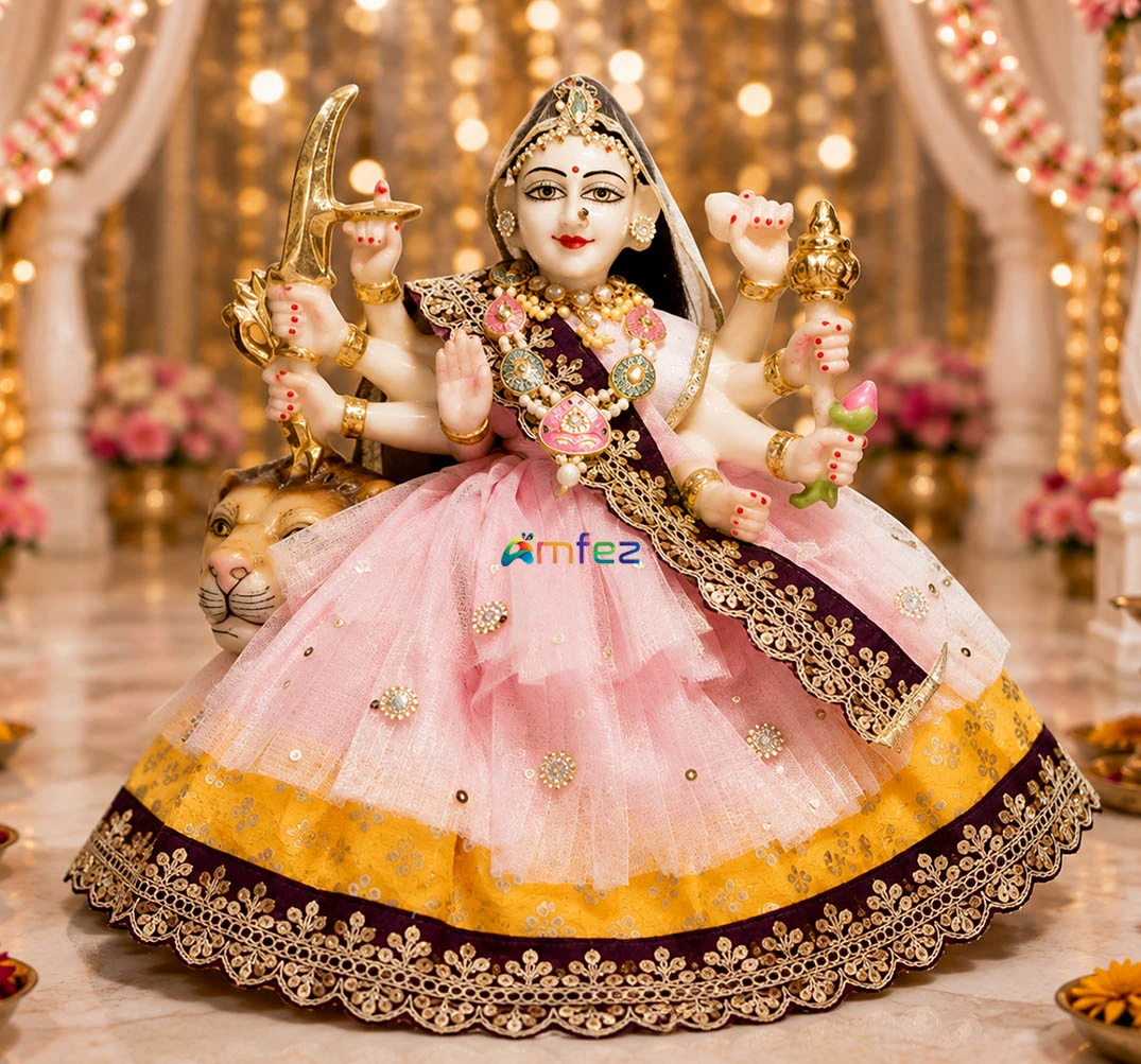 Designer Pink & Yellow Embroidery Lace Work Durga Ji Dress