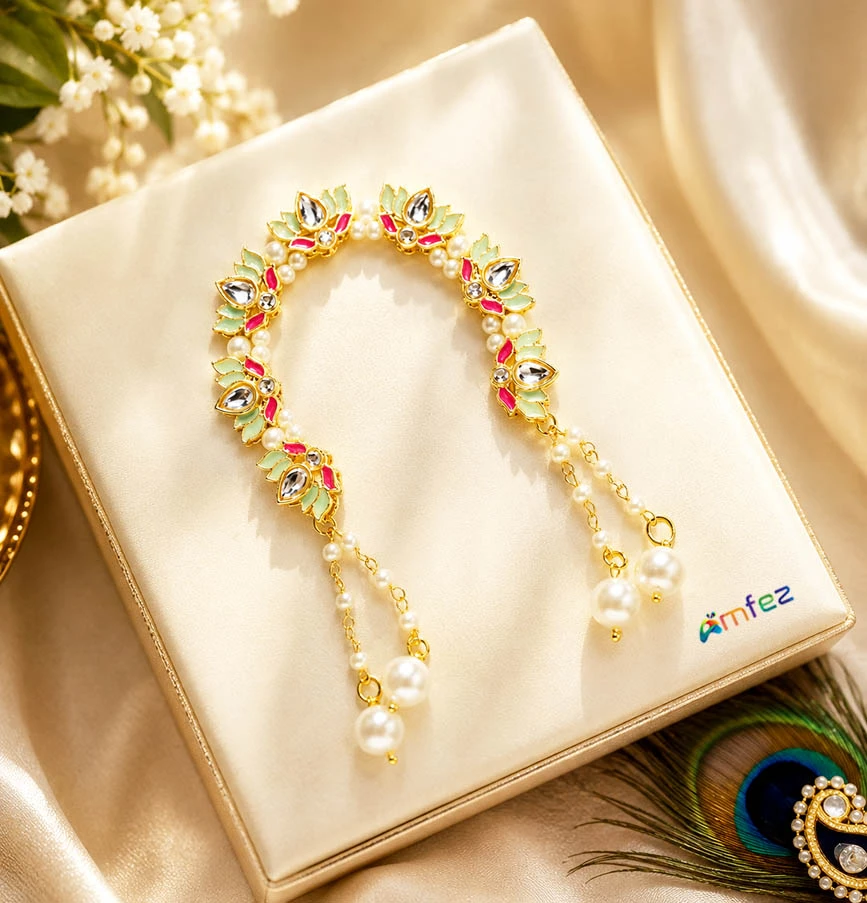 Designer Parrot Green Kundan Meena Pearl Beads Adjustable Lotus Chandrika