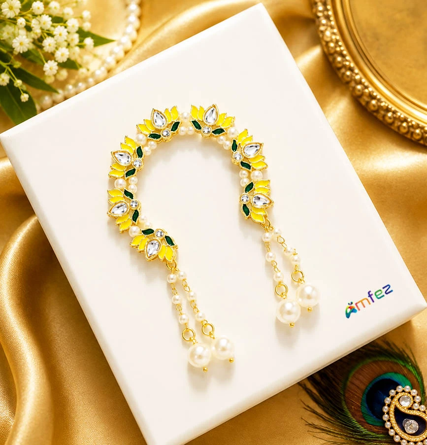 Designer Yellow Kundan Meena Pearl Beads Adjustable Lotus Chandrika