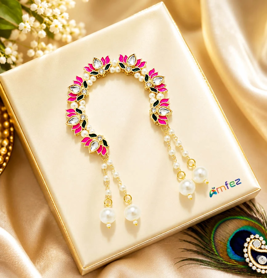 Designer Pink Kundan Meena Pearl Beads Adjustable Lotus Chandrika
