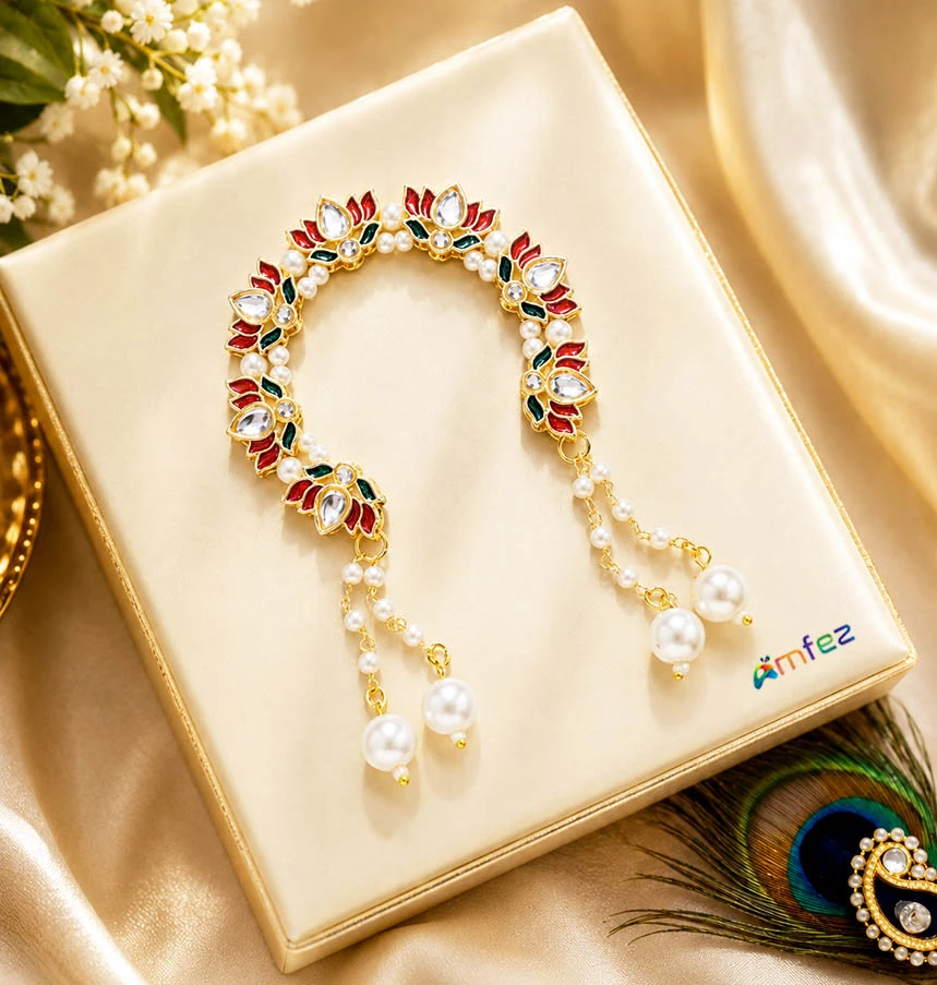 Designer Red Kundan Meena Pearl Beads Adjustable Lotus Chandrika