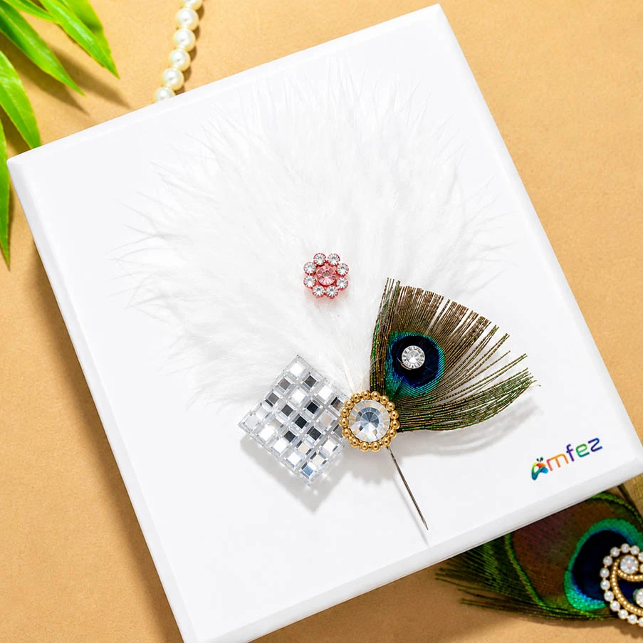 Designer White Stone Pearl Peacock Feather Work Kalangi (Large )