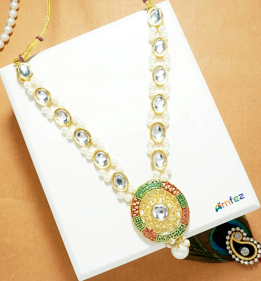 Multi Kundan Pearl Beads Necklace ( 5 Inch )