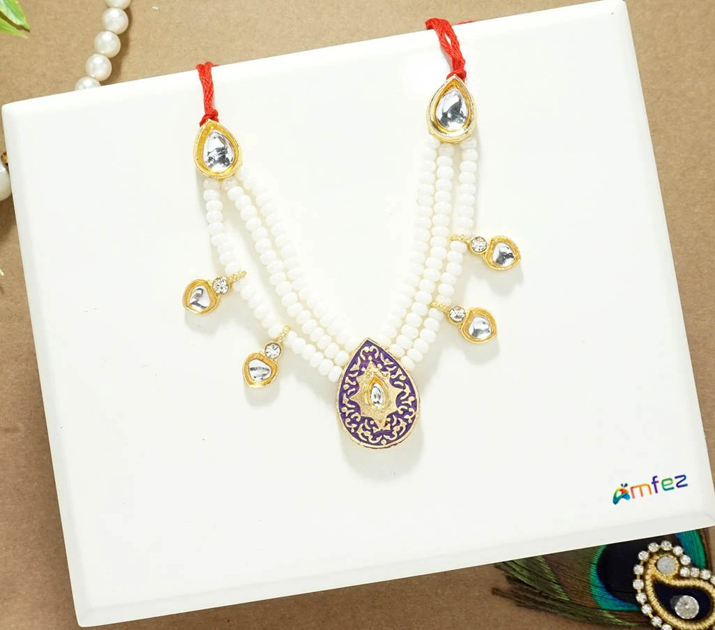 SkyBlue Kundan Meena Pearl Beads Necklace ( 2.5 Inch )