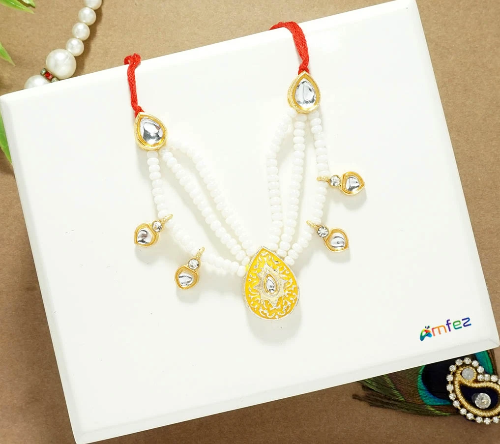Yellow Kundan Meena Pearl Beads Necklace ( 2.5 Inch )