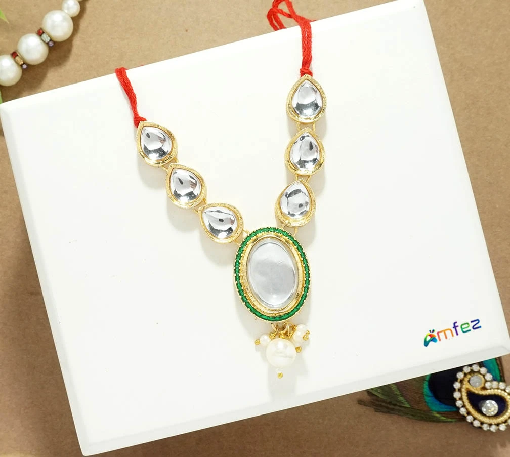 Green Heavy Kundan Meena Pearl Beads Necklace ( 3 Inch )