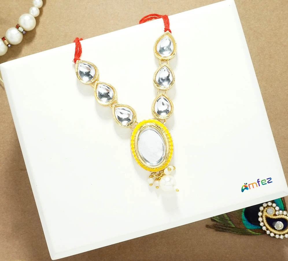 Yellow Heavy Kundan Meena Pearl Beads Necklace ( 3 Inch )