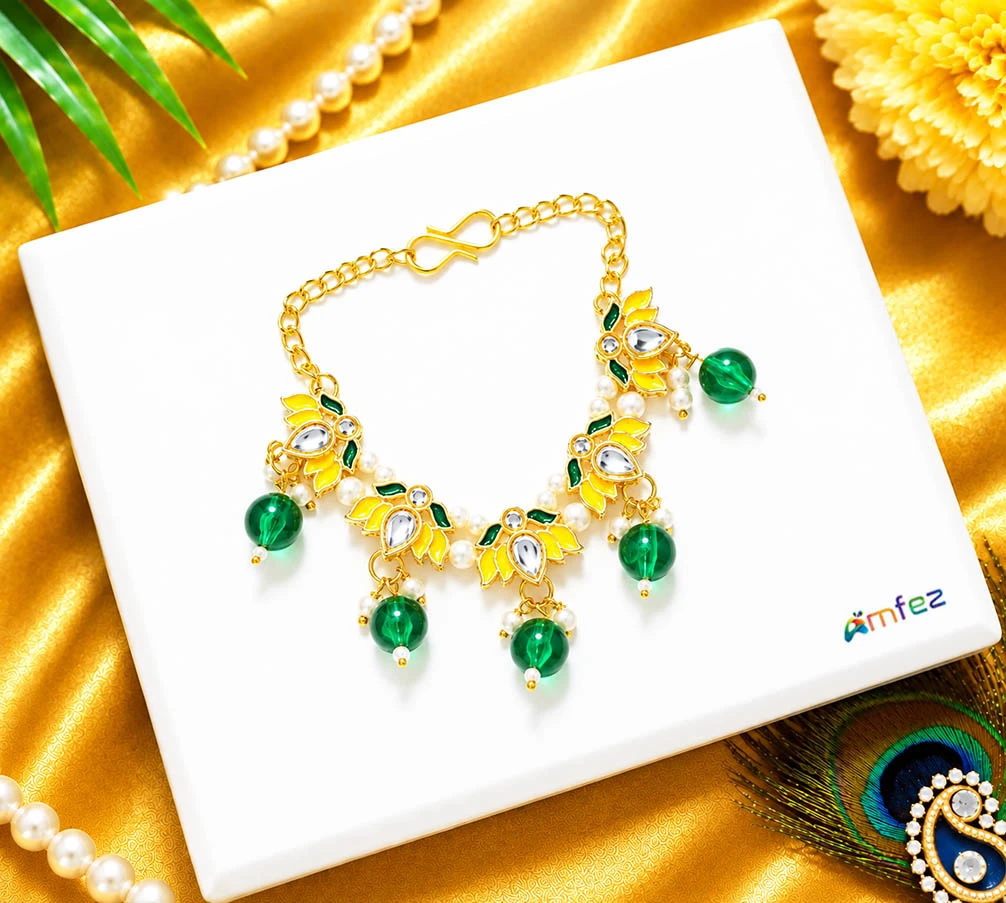 Beautiful Green Kundan Meena Pearl Beads Lotus Necklace