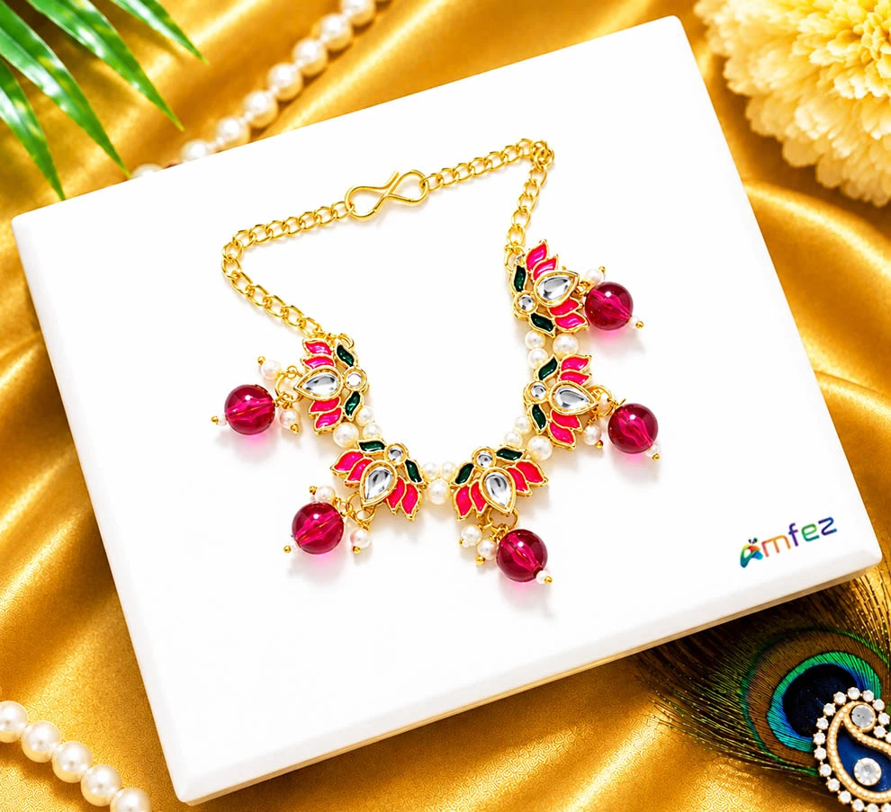 Beautiful Rani Kundan Meena Pearl Beads Lotus Necklace