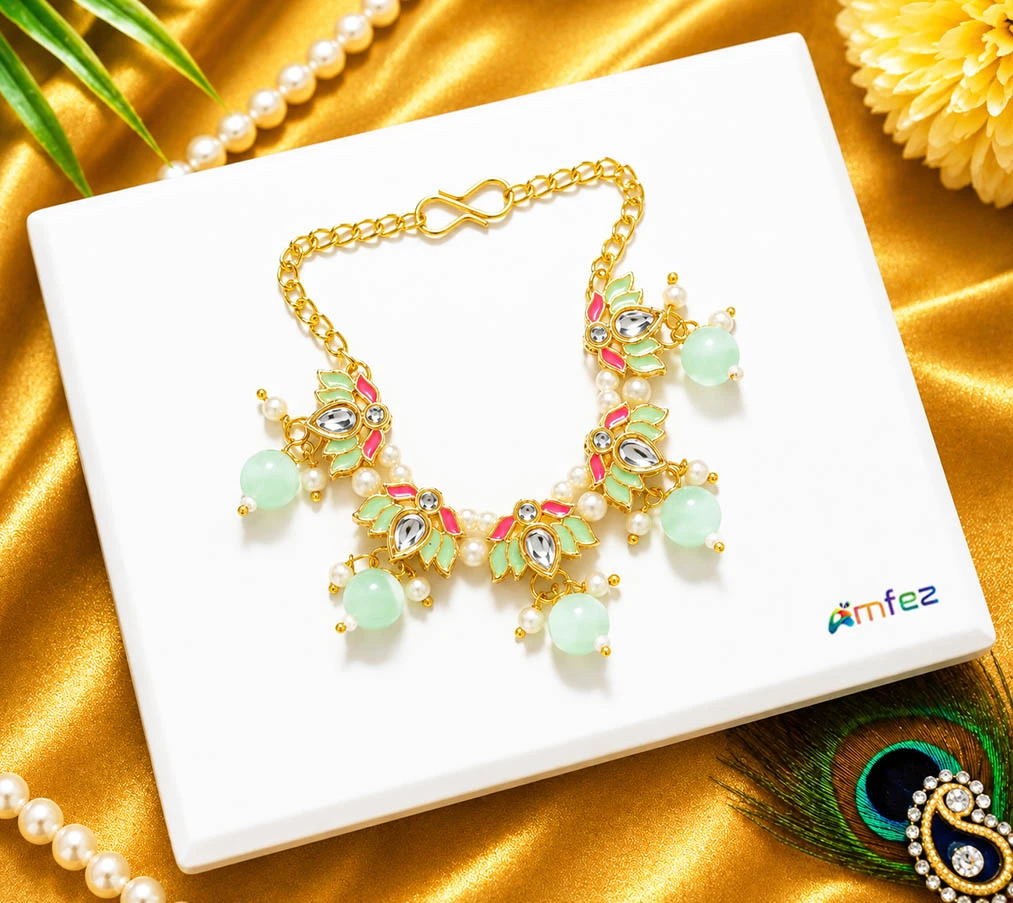 Beautiful Sea Green Kundan Meena Pearl Beads Lotus Necklace