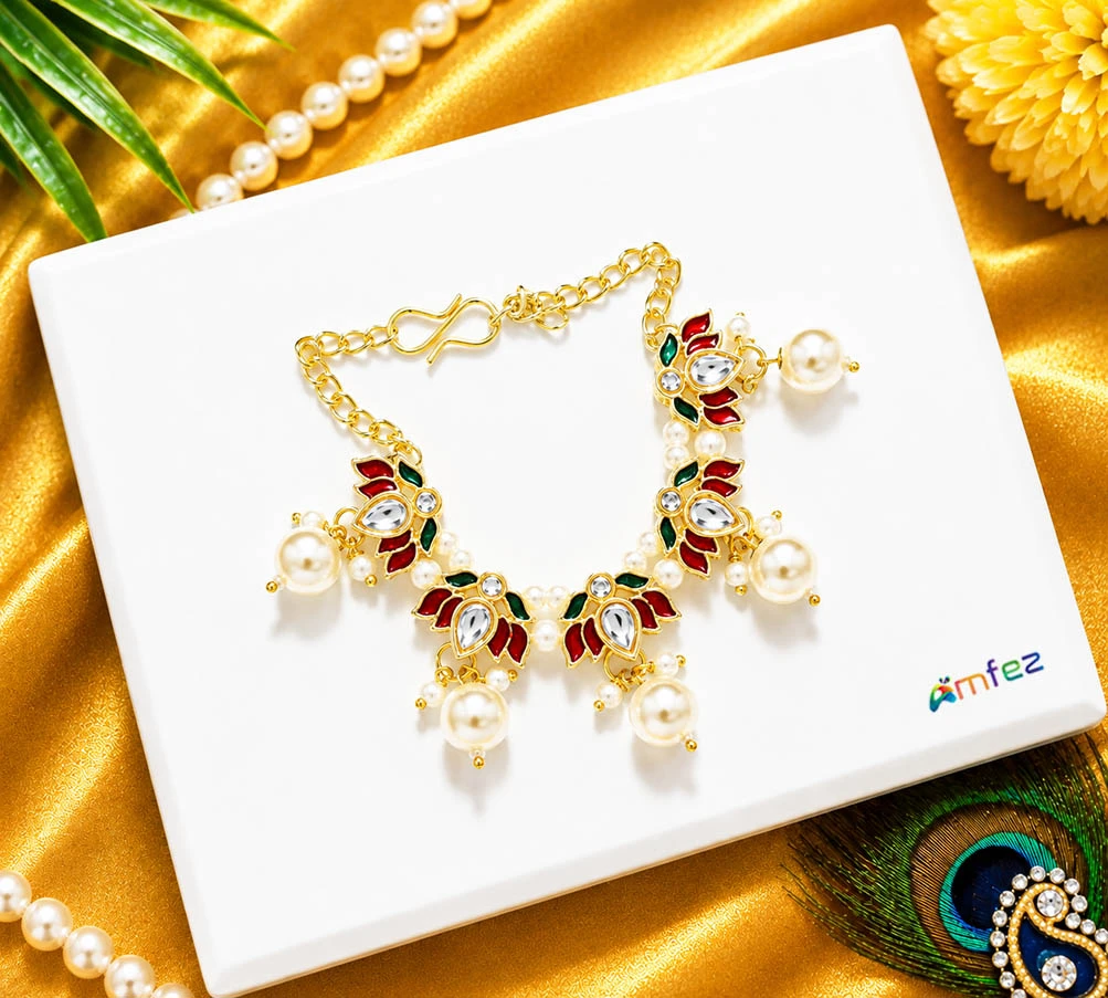 Beautiful Red & White Kundan Meena Pearl Beads Lotus Necklace